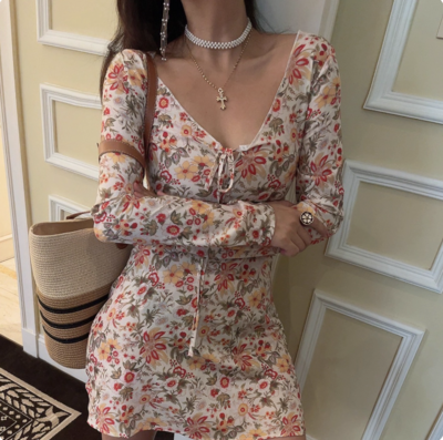 Retro romantic floral tie V-neck short A-line long-sleeved dress
