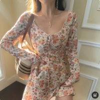 Retro romantic floral tie V-neck short A-line long-sleeved dress - Thumbnail 1