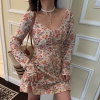Retro romantic floral tie V-neck short A-line long-sleeved dress - Thumbnail 2
