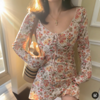 Retro romantic floral tie V-neck short A-line long-sleeved dress - Thumbnail 3