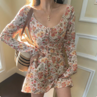 Retro romantic floral tie V-neck short A-line long-sleeved dress - Thumbnail 6