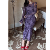 Retro mesh flocking jacquard round neck trumpet sleeve dress - Thumbnail 2