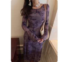 Retro mesh flocking jacquard round neck trumpet sleeve dress - Thumbnail 4