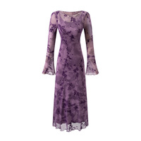 Retro mesh flocking jacquard round neck trumpet sleeve dress - Thumbnail 6