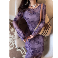 Retro mesh flocking jacquard round neck trumpet sleeve dress - Thumbnail 1