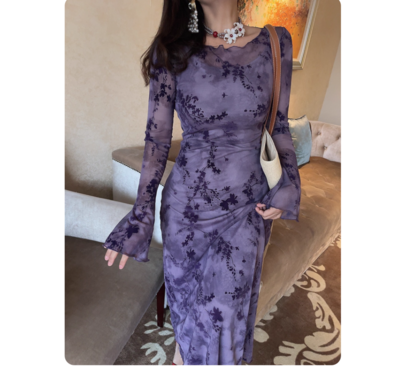 Retro mesh flocking jacquard round neck trumpet sleeve dress