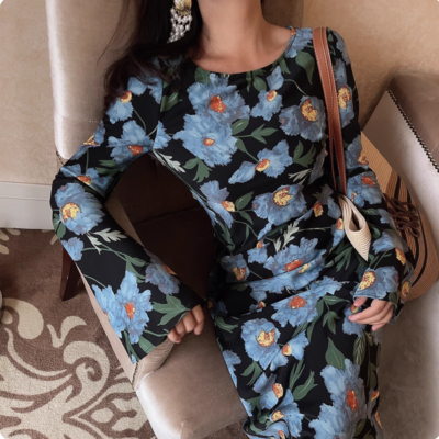 Vintage print chic flared long sleeve dress - Thumbnail 3