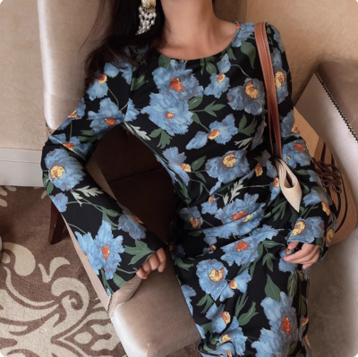 Vintage Print Chic Flared Long Sleeve Dress