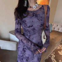 Retro mesh flocking jacquard round neck trumpet sleeve dress - Thumbnail 7