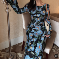 Vintage Print Chic Flared Long Sleeve Dress - Thumbnail 3