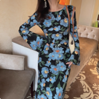 Vintage Print Chic Flared Long Sleeve Dress - Thumbnail 4