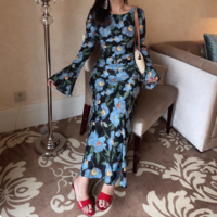 Vintage Print Chic Flared Long Sleeve Dress - Thumbnail 5