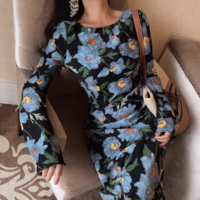 Vintage Print Chic Flared Long Sleeve Dress - Thumbnail 6