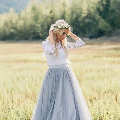 Light grey tulle wedding dress,beach boho bridal dress bridal gown