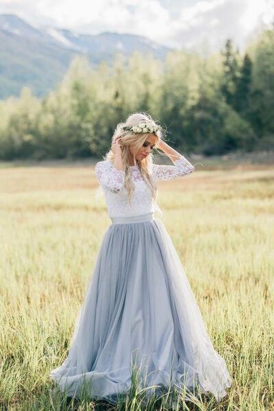 Light Grey Tulle Wedding Dress,Beach Boho Bridal Dress Bridal Gown