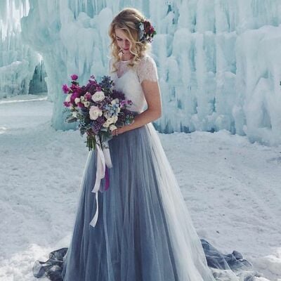 Grey a line tulle wedding dress, beach boho lace bridal dress bridal gown
