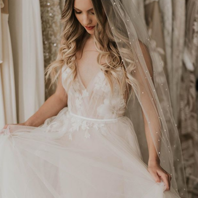 Romantic long tulle v neck ivory wedding dress