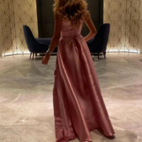 Simple One Shoulder Dusty Pink Satin Long Evening Dresses With Side Slit - Thumbnail 1