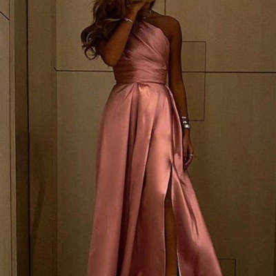 Simple one shoulder dusty pink satin long evening dresses with side slit