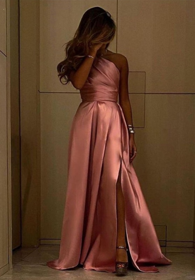 Simple One Shoulder Dusty Pink Satin Long Evening Dresses With Side Slit