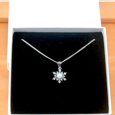 Boxed gift/sterling silver white opal & cz snowflake pendant & chain/opal necklace/opal jewellery/opal jewelry/snowflake necklace/uk