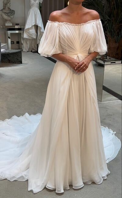 A Line Off the Shoulder Wedding Dress, Beach Boho Bridal Dress Bridal Gown