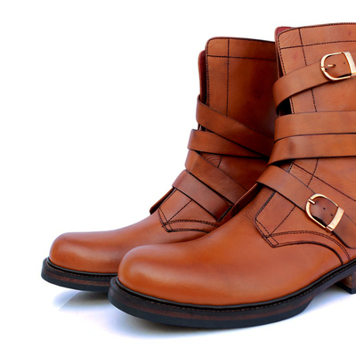 Crafted leather men brown leather military strap ankle high cowboy boot