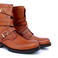 Crafted Leather Men Brown Leather Military Strap Ankle High Cowboy Boot - Thumbnail 1