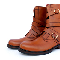 Crafted Leather Men Brown Leather Military Strap Ankle High Cowboy Boot - Thumbnail 2