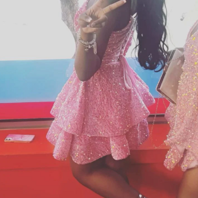 Halter a-line pink sequins short prom dress