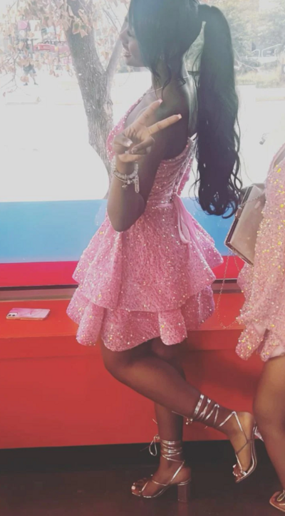 Halter A-Line Pink Sequins Short Prom Dress