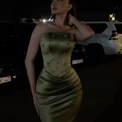 Charming strapless green beads satin long prom dress