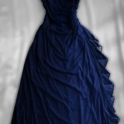Off shoulder vintage royal blue straps ruffle chiffon long prom dress