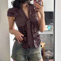 V-neck tie pleated slim shoulder T-shirt polka dot short-sleeved top - Thumbnail 3