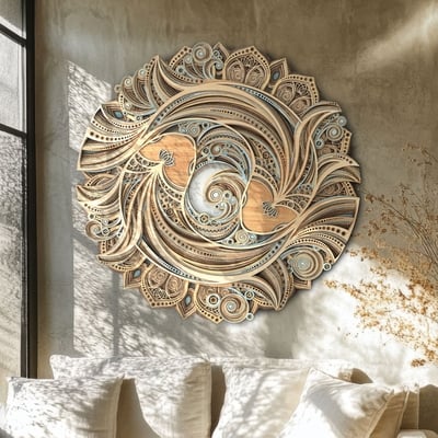 Stereowood koi and lotus multi-layer wall art, large geometric wood wall art