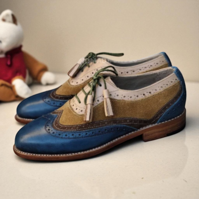 Crafted Leather Classic Tri Tone Leather Wingtip Lace up Oxford Dress Shoes for Men & Women