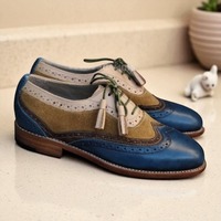 Crafted Leather Classic Tri Tone Leather Wingtip Lace up Oxford Dress Shoes for Men & Women - Thumbnail 1