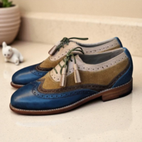 Crafted Leather Classic Tri Tone Leather Wingtip Lace up Oxford Dress Shoes for Men & Women - Thumbnail 3