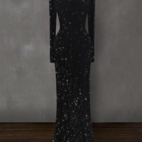 Elegant Round Neck Black Sequin Long Sleeves Evening Dresses - Thumbnail 1