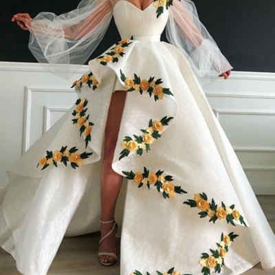 Flare sleeve ball gown embrodiery appliqué prom dress