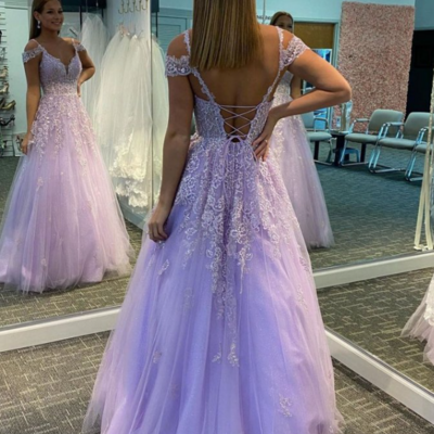 Open back purple tulle long prom dresses with lace appliques for women