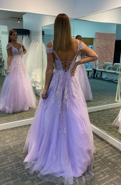 Open Back Purple Tulle Long Prom Dresses With Lace Appliques For Women