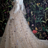 Off the shoulder a line bubble sleeves stars tulle long prom dresses - Thumbnail 1