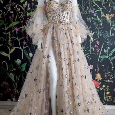 Off the shoulder a line bubble sleeves stars tulle long prom dresses