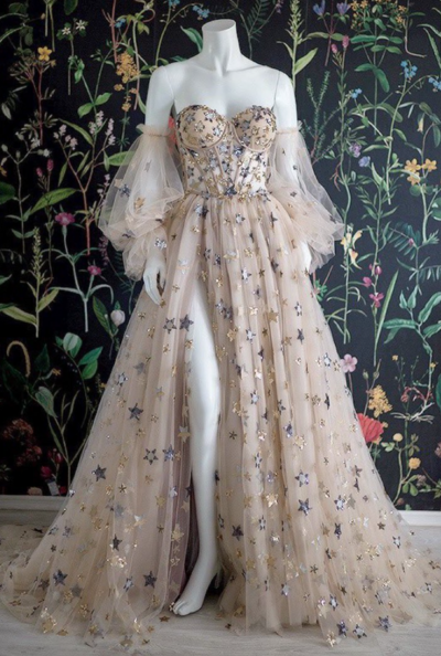 Off the shoulder a line bubble sleeves stars tulle long prom dresses