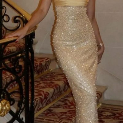 Strapless long yellow sequin satin party dresses