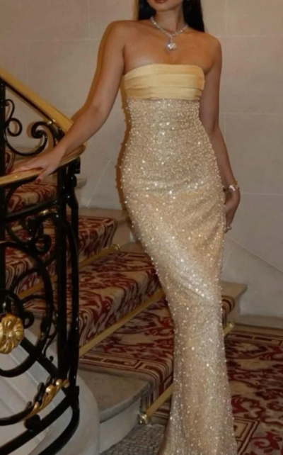 Strapless Long Yellow Sequin Satin Party Dresses