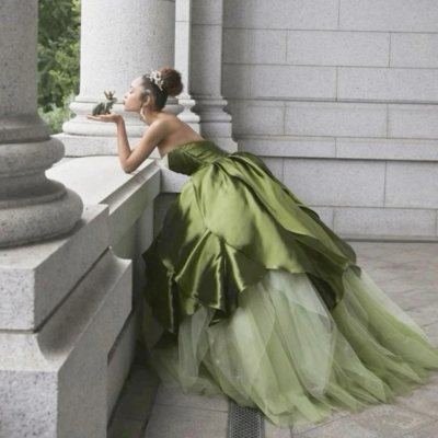 Pretty strapless ball gown olive green long satin formal evening dress - Thumbnail 1