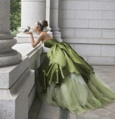 Pretty Strapless Ball Gown Olive Green Long Satin Formal Evening Dress