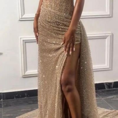 Gorgeous spaghetti straps sequin slit mermaid evening dress 